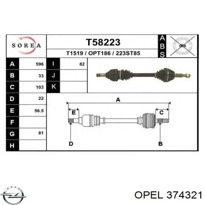0374321 Opel semieixo (acionador dianteiro esquerdo)