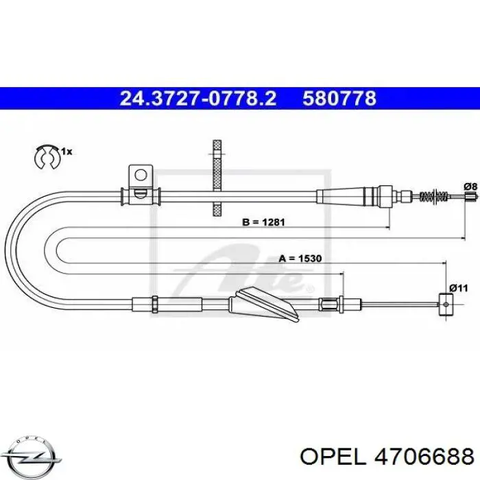 4706688 Opel трос ручного тормоза задний правый