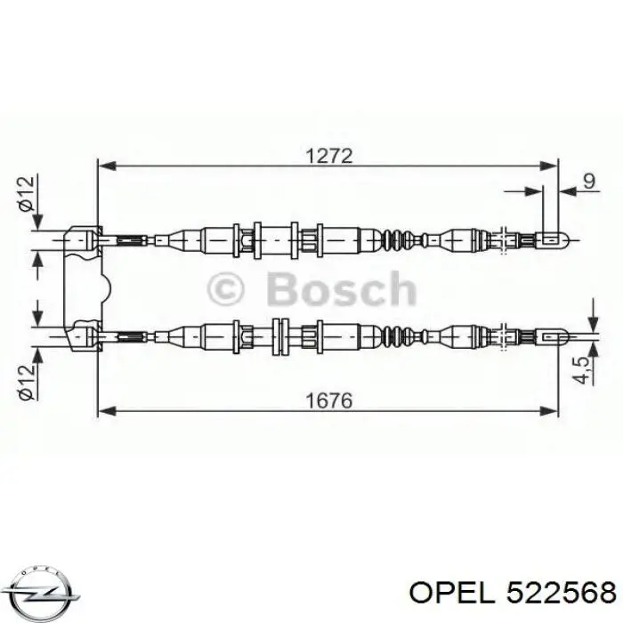 522568 Opel Трос ручного тормоза задний правый/левый