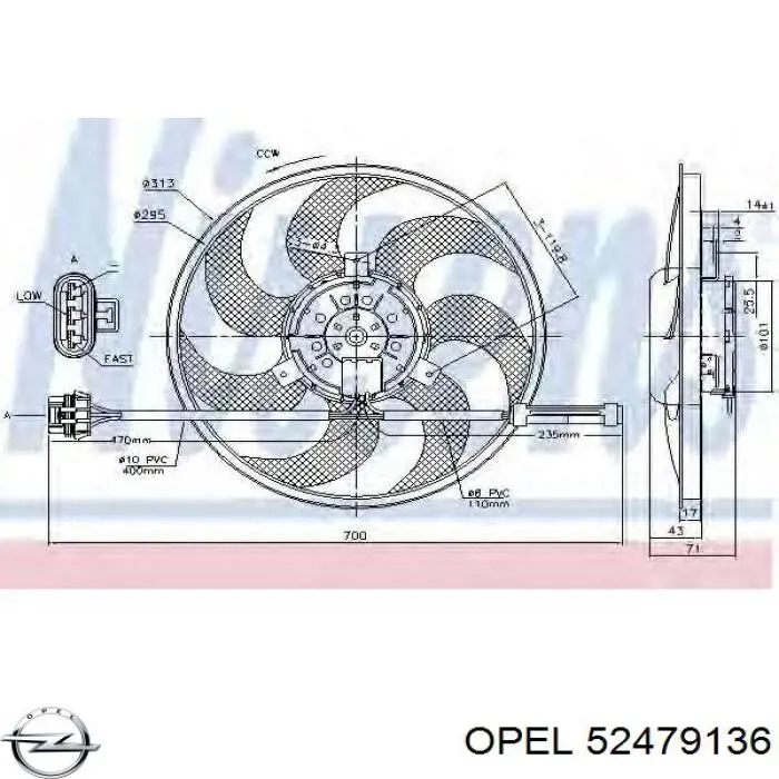 52479136 Opel ventilador elétrico de esfriamento montado (motor + roda de aletas)