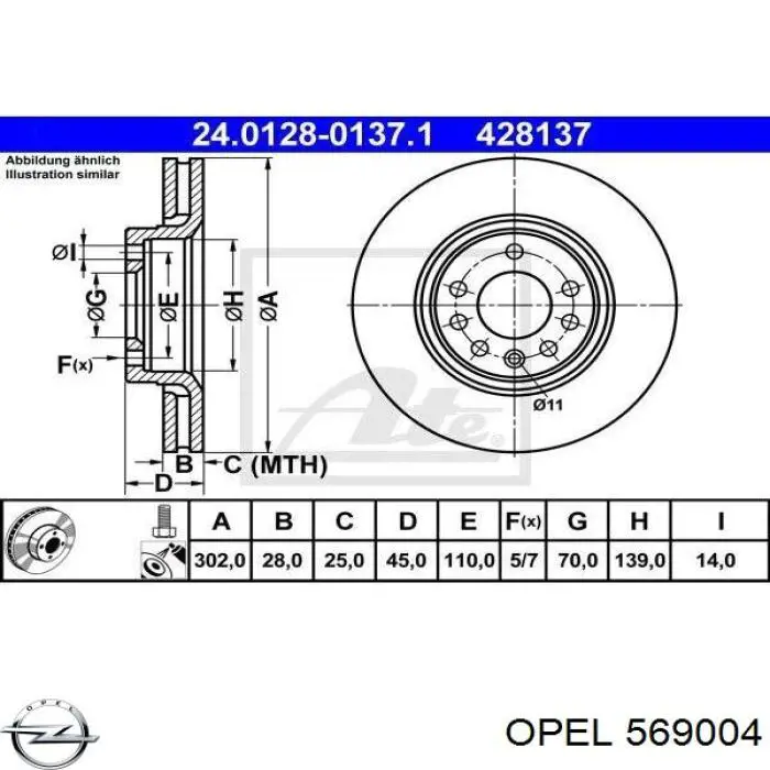 Передние тормозные диски 569004 Opel