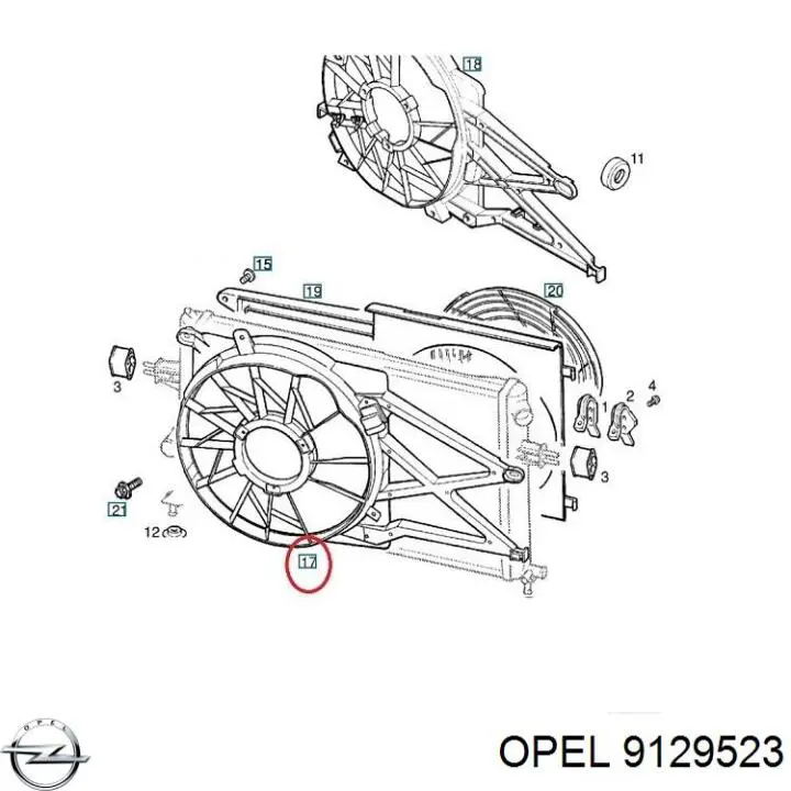 9129523 Opel Диффузор радиатора охлаждения в сборе с мотором