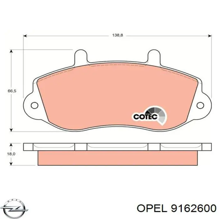 Передние тормозные колодки 9162600 Opel