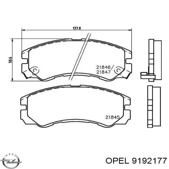 Передние тормозные колодки 9192177 Opel