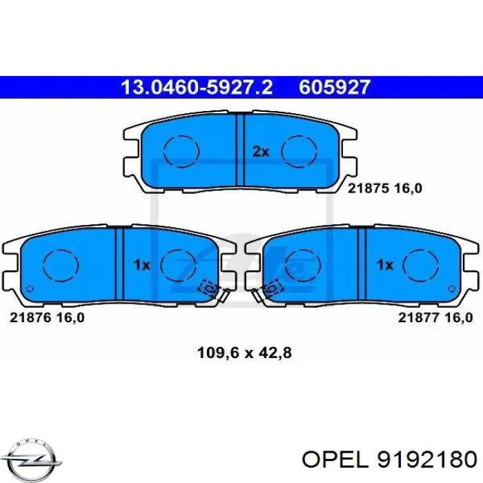 Купить 9192180 Opel Колодки тормозные задние, дисковые