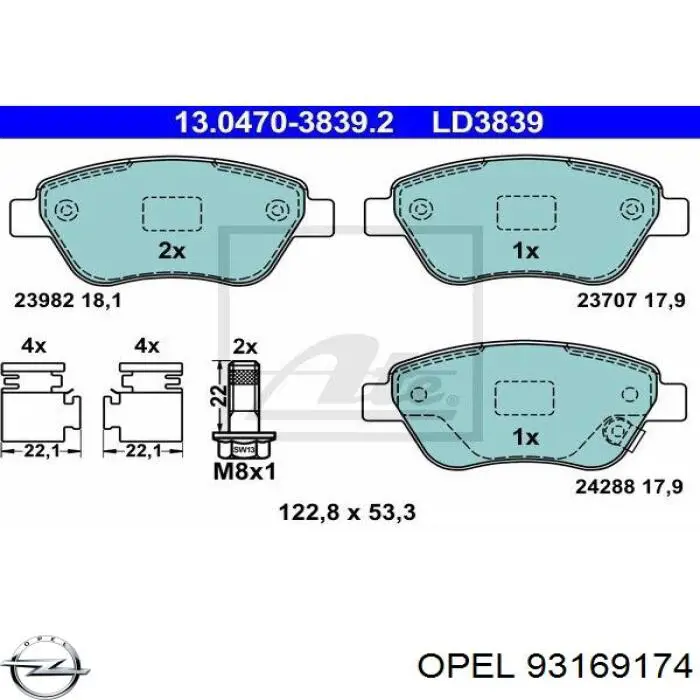 Передние тормозные колодки 93169174 Opel