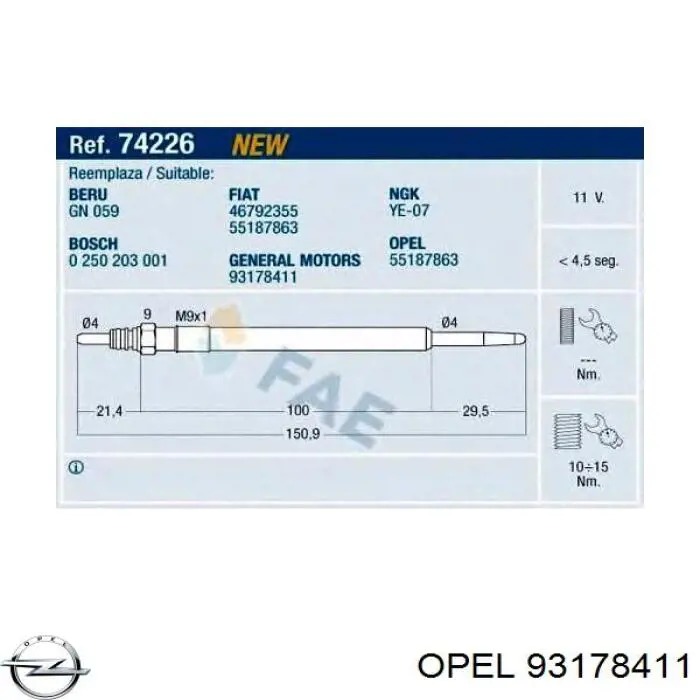 Свеча накала Opel 93178411