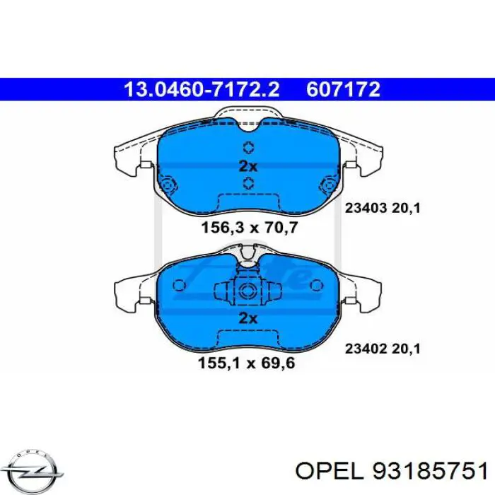 Передние тормозные колодки 93185751 Opel