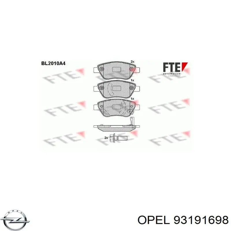 Передние тормозные колодки 93191698 Opel