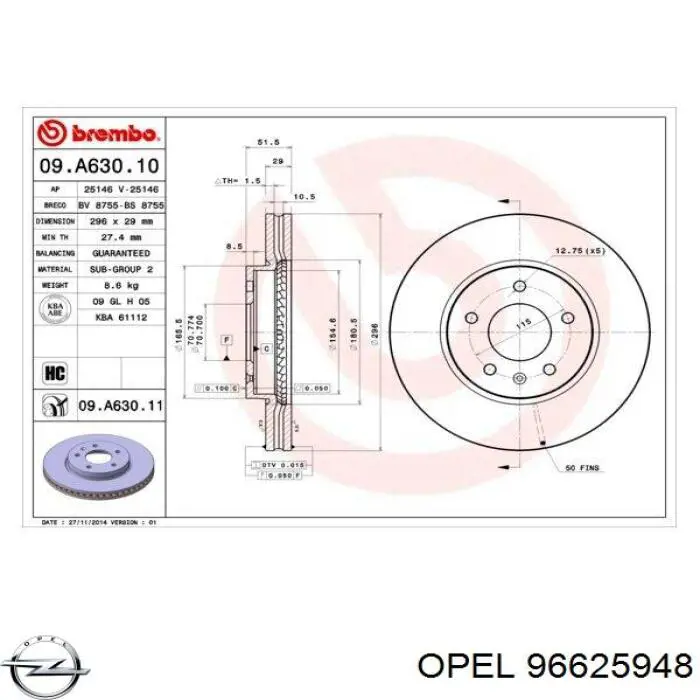 Передние тормозные диски 96625948 Opel