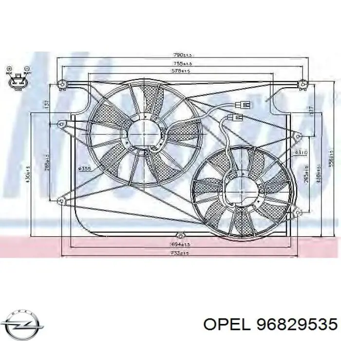 Купить 96829535 Opel Диффузор вентилятора в сборе с мотором и крыльчаткой