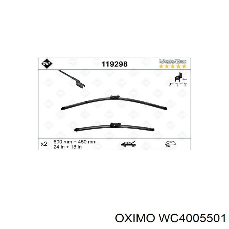 Juego de limpiaparabrisas de luna delantera, 2 piezas WC4005501 Oximo