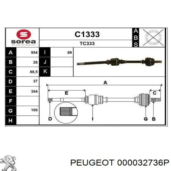 000032736P Peugeot/Citroen semieixo (acionador dianteiro direito)