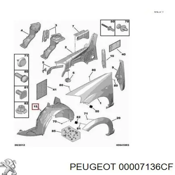 00007136CF Peugeot/Citroen guarda-barras direito do pára-lama dianteiro