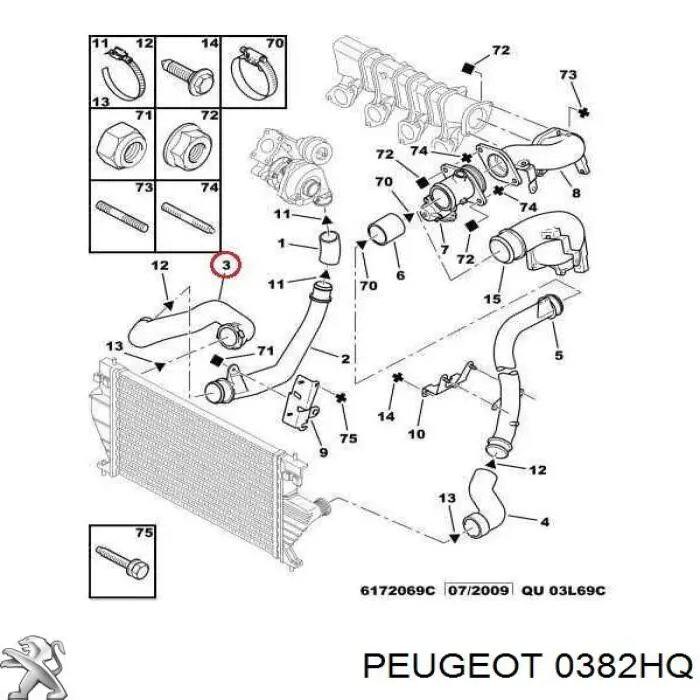0382HQ Peugeot/Citroen mangueira (cano derivado inferior direita de intercooler)