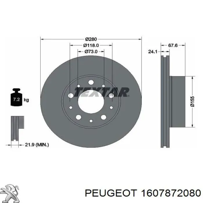 Freno de disco delantero 1607872080 Peugeot/Citroen