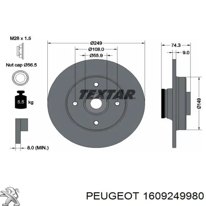 Disco de freno trasero 1609249980 Peugeot/Citroen