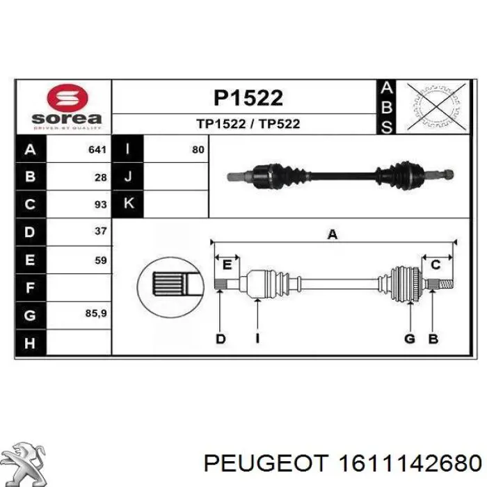 Árbol de transmisión delantero izquierdo 1611142680 Peugeot/Citroen