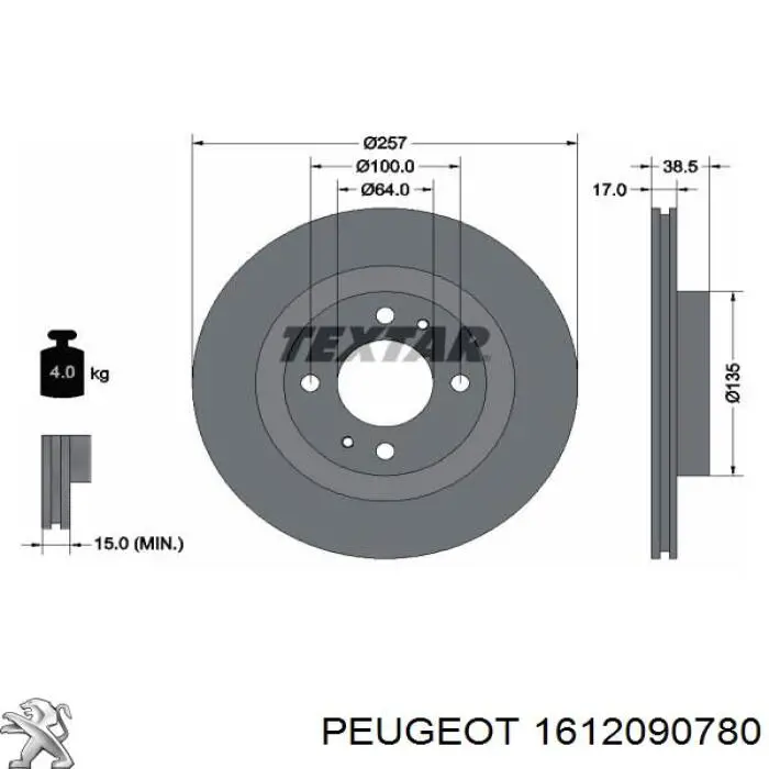 Freno de disco delantero 1612090780 Peugeot/Citroen