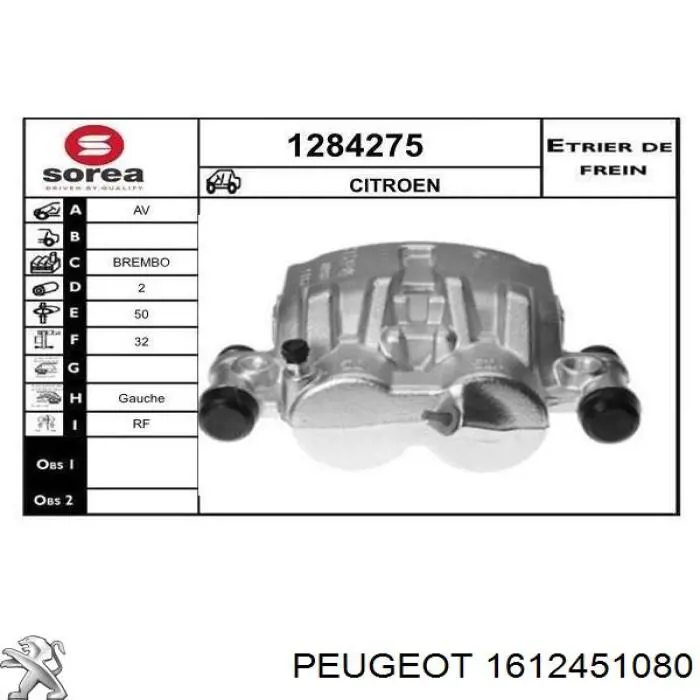 1612451080 Peugeot/Citroen suporte do freio dianteiro esquerdo
