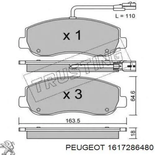 Передние тормозные колодки 1617286480 Peugeot/Citroen