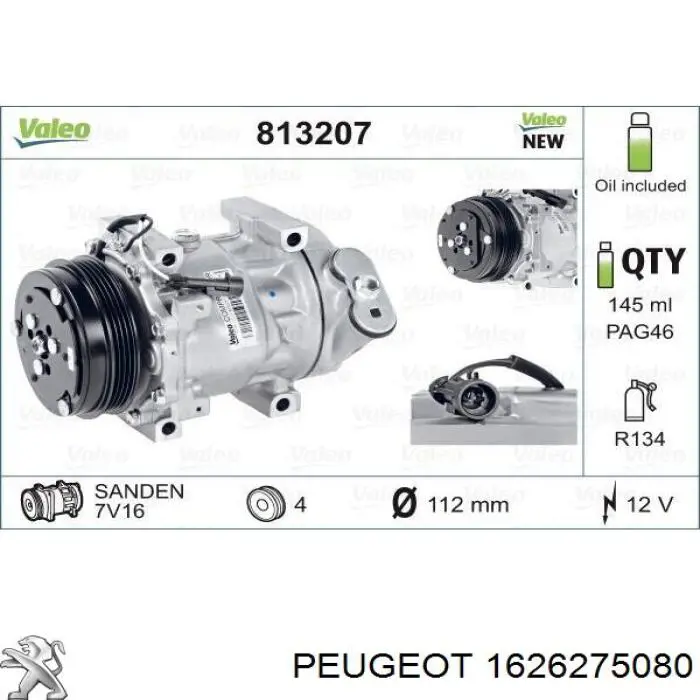 Compresor de aire acondicionado 1626275080 Peugeot/Citroen