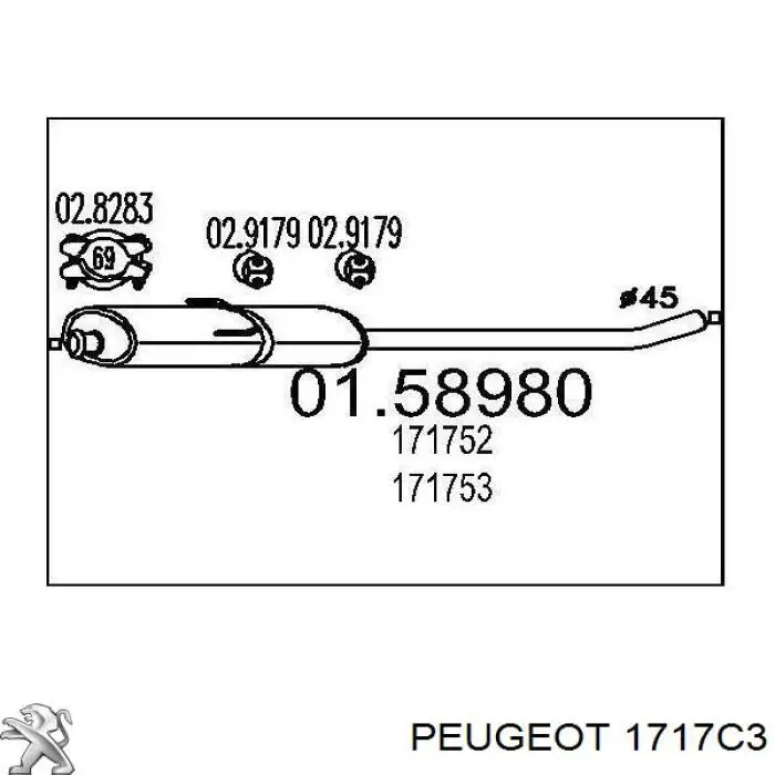 Silenciador del medio 1717C3 Peugeot/Citroen