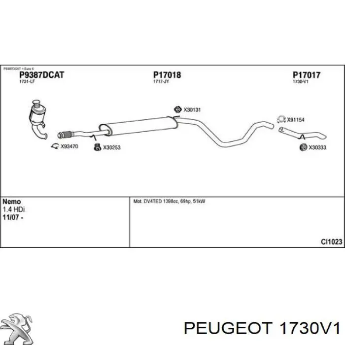 1730V1 Peugeot/Citroen silenciador, parte traseira