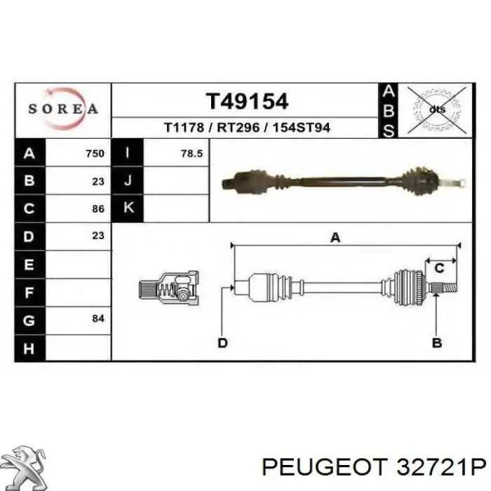 32721P Peugeot/Citroen semieixo (acionador dianteiro esquerdo)