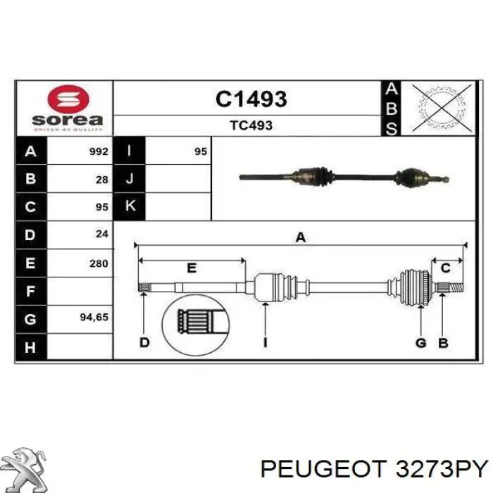 3273PY Peugeot/Citroen semieixo (acionador dianteiro direito)