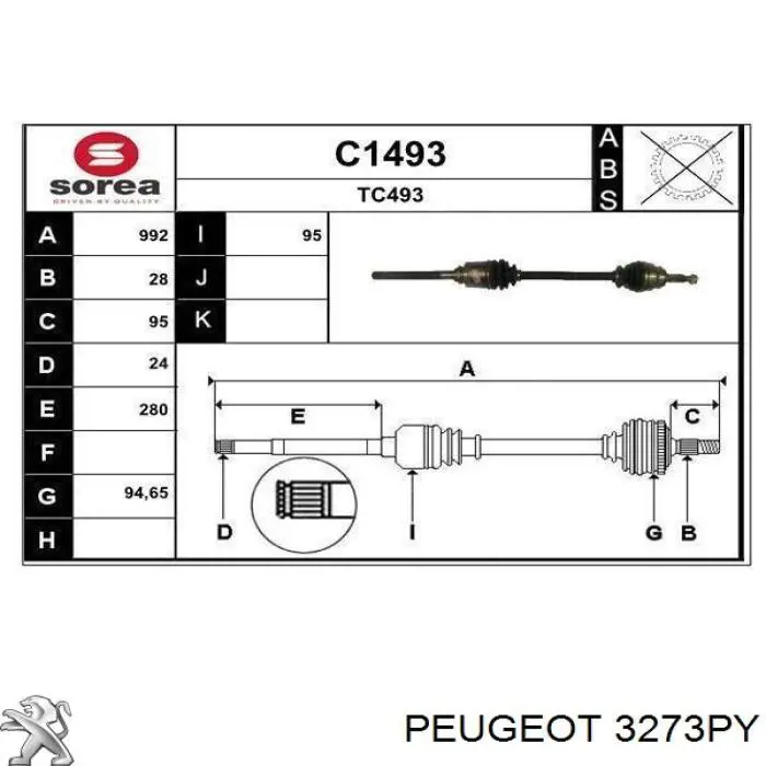 Полуось (привод) передняя правая 3273PY Peugeot/Citroen