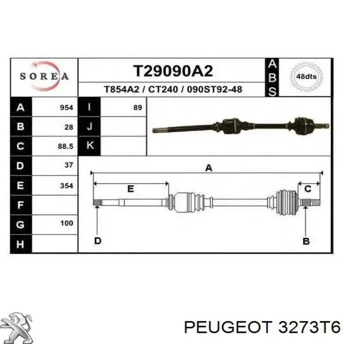 3273T6 Peugeot/Citroen Полуось передняя, правая
