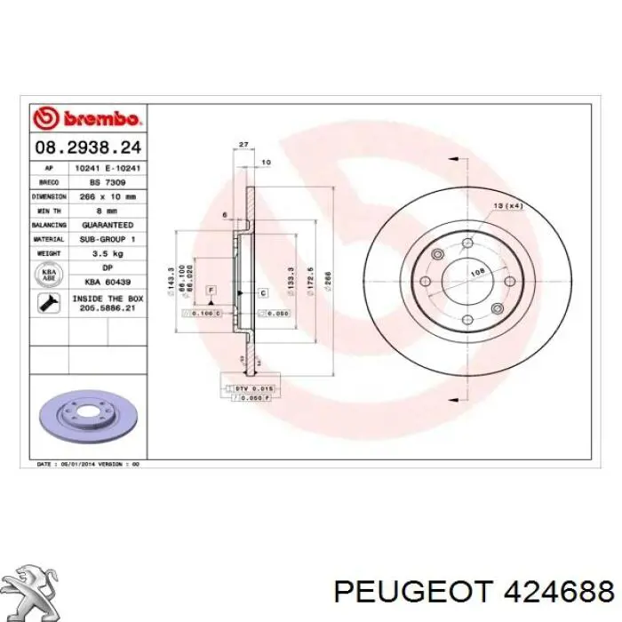 Передние тормозные диски 424688 Peugeot/Citroen