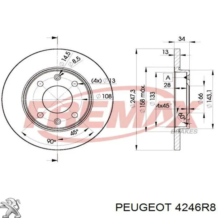 Передний тормозной диск Peugeot/Citroen 4246R8