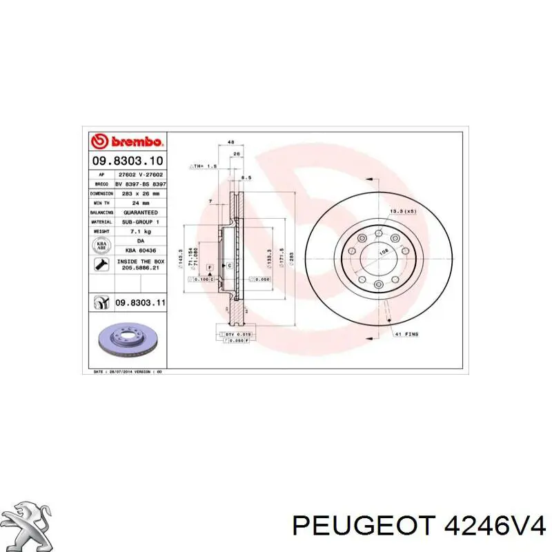 Передний тормозной диск Peugeot/Citroen 4246V4