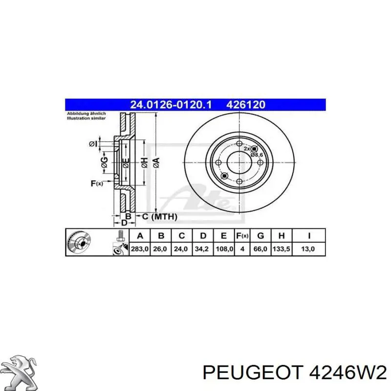 Тормоз дисковый передний Peugeot/Citroen 4246W2 цена, от 36.70 USD