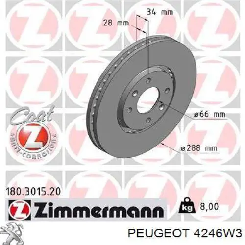 Передние тормозные диски 4246W3 Peugeot/Citroen