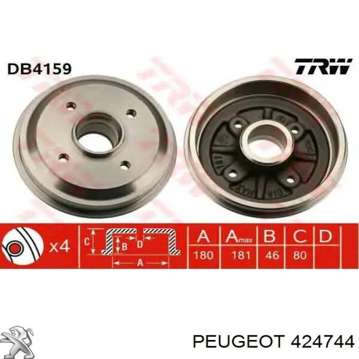 424744 Peugeot/Citroen барабан тормозной задний