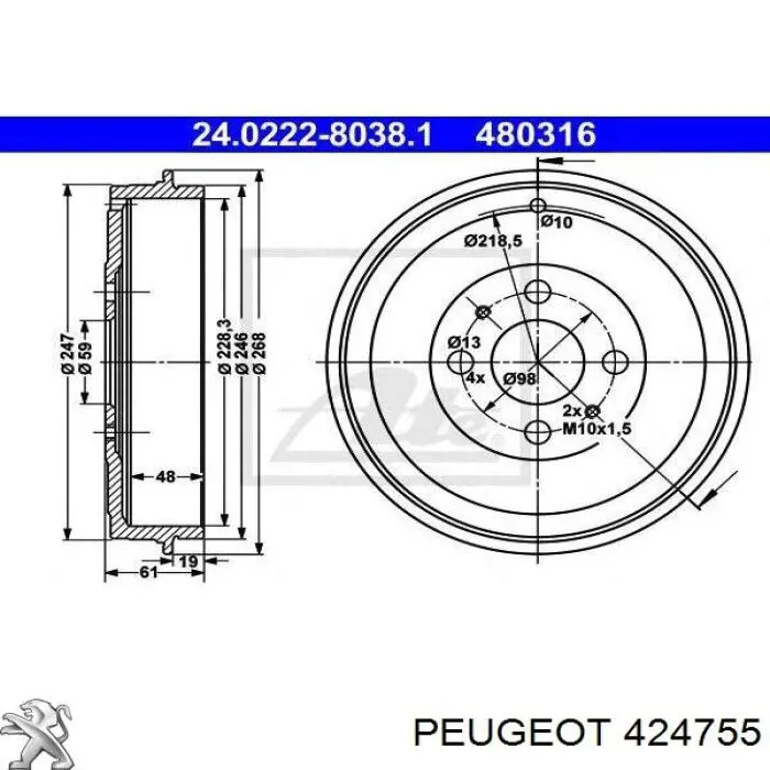 Freno de tambor trasero 424755 Peugeot/Citroen