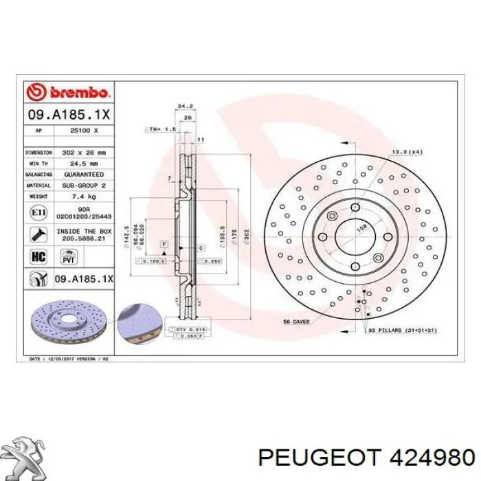 Передние тормозные диски 424980 Peugeot/Citroen