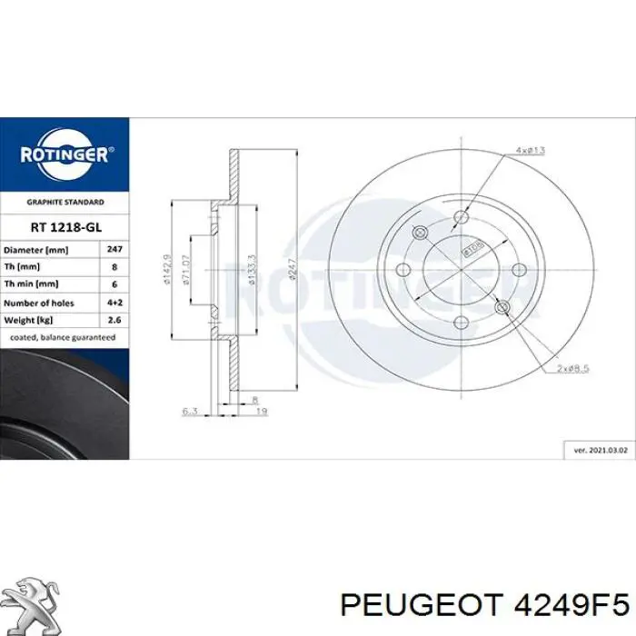 Disco de freno trasero 4249F5 Peugeot/Citroen