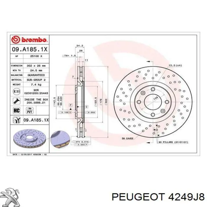 Диск тормозной передний Peugeot/Citroen 4249J8