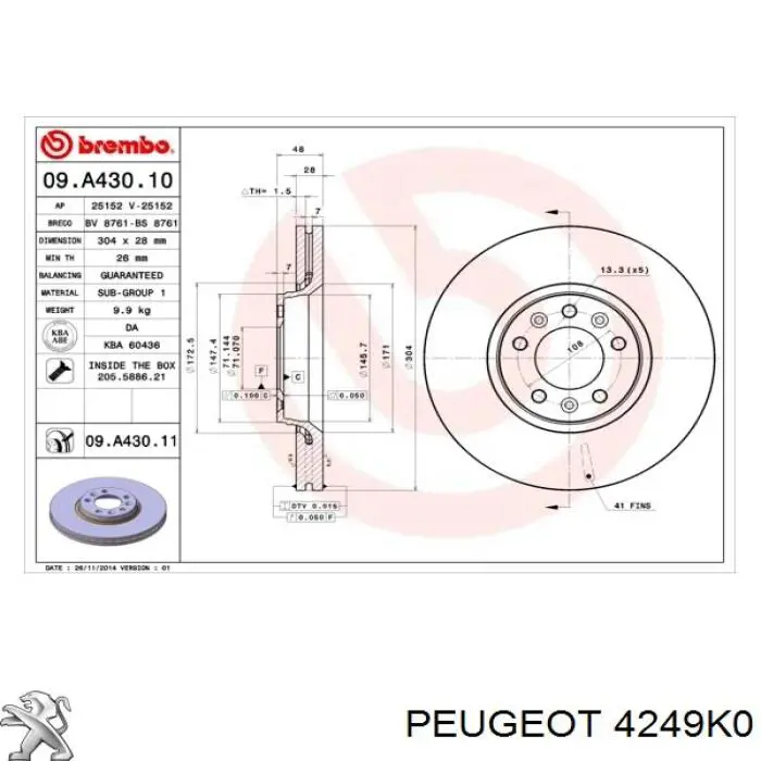 Передний тормозной диск Peugeot/Citroen 4249K0