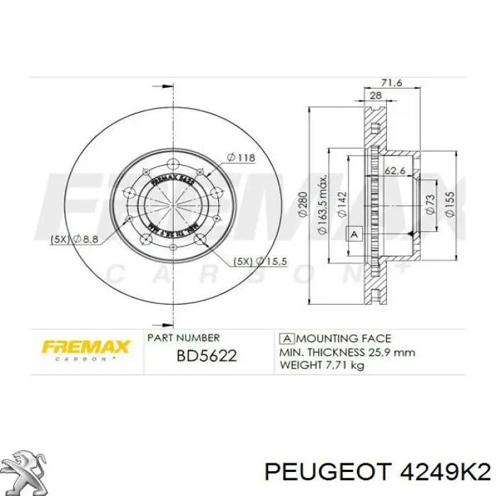 Передний тормозной диск Peugeot/Citroen 4249K2