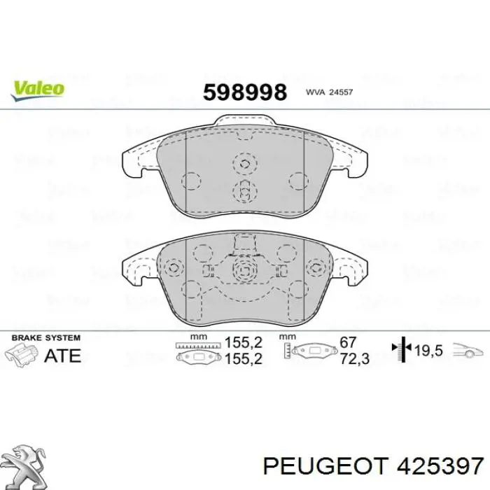 Передние тормозные колодки 425397 Peugeot/Citroen