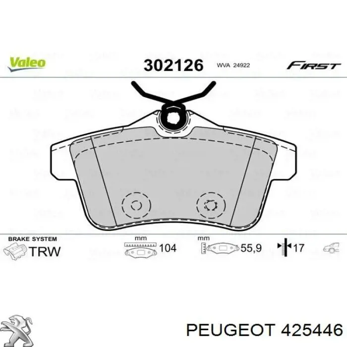 Задние тормозные колодки 425446 Peugeot/Citroen