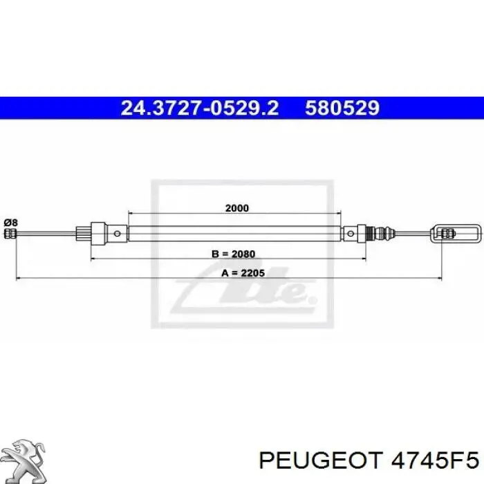 Cable de freno de mano trasero derecho 4745F5 Peugeot/Citroen