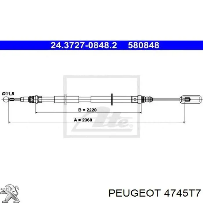 Cable de freno de mano trasero derecho 4745T7 Peugeot/Citroen