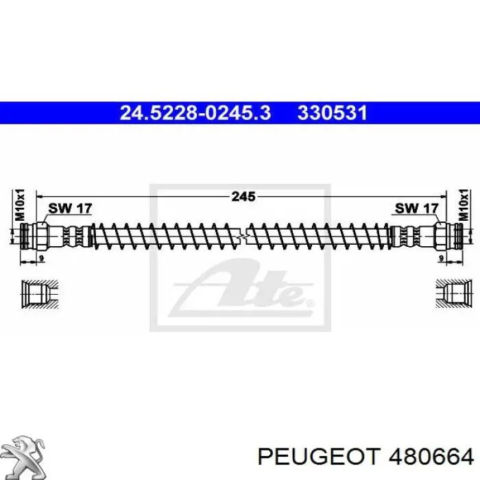 Tubo flexible de frenos trasero derecho 480664 Peugeot/Citroen