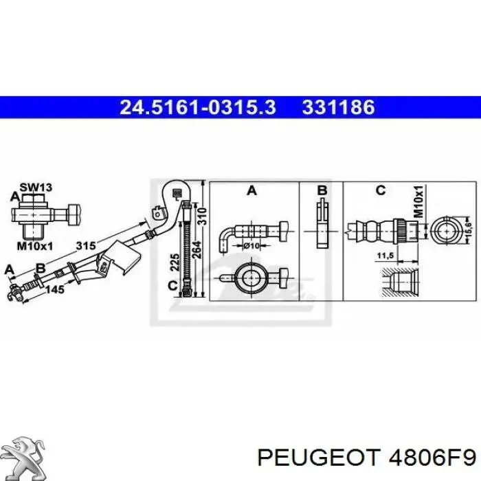 4806F9 Peugeot/Citroen шланг тормозной передний левый